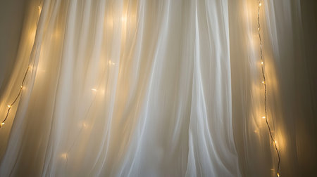 A serene composition of soft sheer fabric illuminated by warm lights creates a peaceful and cozy atmosphere, perfect for home decor inspiration.の素材