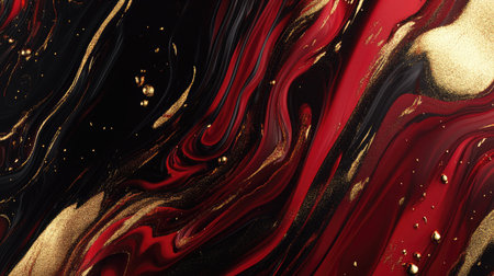 This stunning abstract background features an intricate blend of red and black marbling, highlighted with golden accents. Ideal for creative projects.の素材