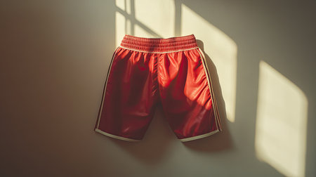 Bright red sport shorts hang against a wall, illuminated by soft sunlight. The vibrant color and minimalist design create a casual, sporty vibe perfect for any activewear collection.の素材