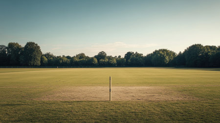 A serene cricket ground bathed in warm dusk light, surrounded by lush green trees. Perfect for sports enthusiasts and nature lovers seeking tranquility.の素材