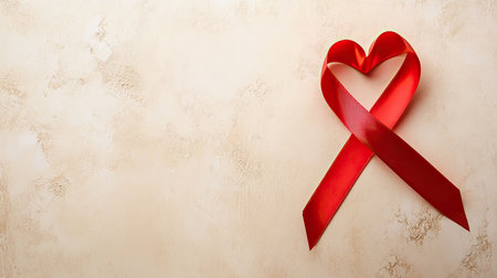 This image features a vibrant red ribbon shaped like a heart against a textured background, symbolizing love, support, and awareness in various contexts.の素材