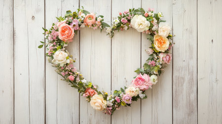This heart-shaped floral arrangement features an assortment of pastel roses and delicate flowers against a rustic wooden background, perfect for evoking love and beauty.の素材
