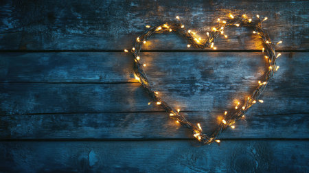 A heart shape formed by glowing string lights on a rustic wooden background. This cozy image evokes feelings of love and warmth, perfect for romantic occasions.の素材