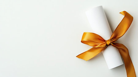 A pristine certificate scroll tied with a golden ribbon rests elegantly against a white background, ideal for showcasing accomplishments or special events.の素材