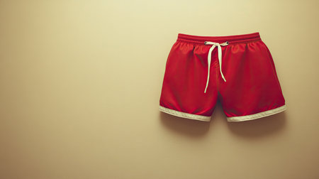 A vibrant pair of bright red swim shorts hanging on a neutral wall symbolizes summer fun and outdoor leisure. Perfect for fashion and lifestyle themes.の素材