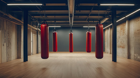 A striking image of an empty gym featuring multiple red punching bags hanging in a spacious modern interior. The setting exudes a calm yet energetic atmosphere, ideal for fitness enthusiasts.の素材