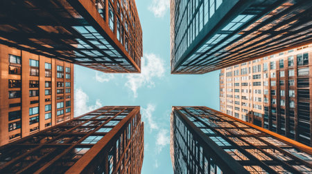 A stunning view of modern skyscrapers reaching towards a clear blue sky, showcasing architectural design, glass reflections, and vibrant urban landscape.の素材