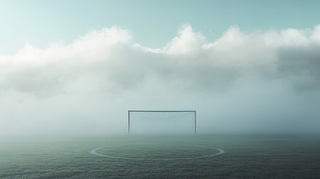 A tranquil view of an empty soccer field shrouded in fog, featuring a solitary goalpost. The soft clouds above create a serene atmosphere, perfect for sports.の素材