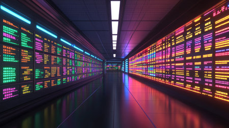 A stunning view of a futuristic data center showcasing colorful digital panels that illuminate the corridor with vibrant lights, emphasizing modern technology and data flow.の素材