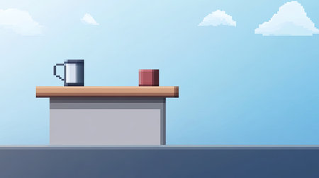 A serene minimalist pixel art scene featuring a table with a mug and a container against a blue sky with clouds, evoking a sense of tranquility and creativity.の素材