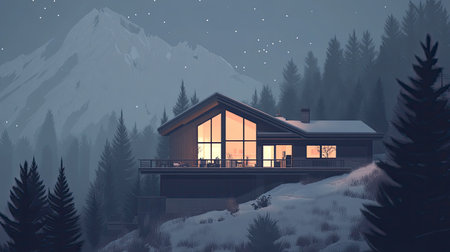 A cozy mountain retreat nestled among snowy trees under a starry sky. The warm glow from the windows invites tranquility and peace in a perfect winter landscape.の素材
