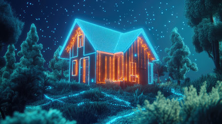 A stunning futuristic house illuminated with neon lights, set against a starry night sky. This vibrant scene incorporates nature and modern design elements, creating a dreamlike atmosphere.の素材