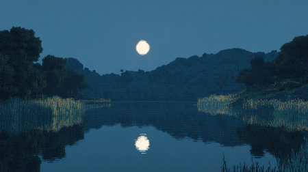 A captivating night landscape featuring a full moon illuminating a calm body of water. The serene scene showcases lush greenery and distant silhouettes under a clear sky.の素材