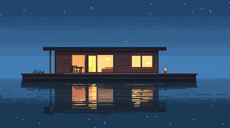 A serene floating house sits peacefully on water at night, illuminated by warm light. The starry sky and gentle reflections create a tranquil escape for relaxation.の素材