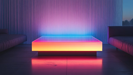 A striking modern minimalist coffee table features colorful ambient lighting, creating a vibrant atmosphere perfect for contemporary living spaces.の素材