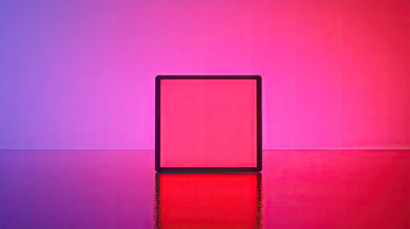 Vibrant abstract background featuring a square frame against a colorful gradient. The glowing surface reflects beautifully, perfect for artistic projects.の素材