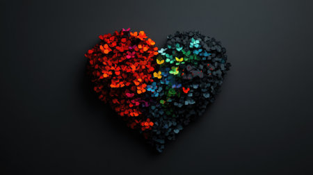 A vibrant heart shape made of colorful butterflies arranged on a dark background. Perfect for themes of love, nature, and creativity in design projects.の素材