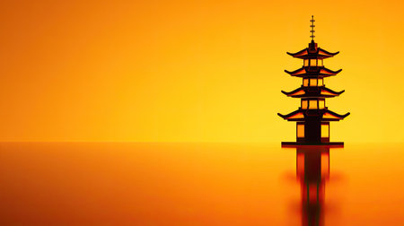 A stunning image of a traditional pagoda silhouetted against a golden sunset, reflecting gently on the calm water. This artwork captures a serene moment of tranquility and beauty, perfect for various themes.の素材