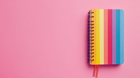 A vibrant and colorful striped notebook rests on a smooth pink background, perfect for creative projects, note-taking, or journaling, adding a playful touch.の素材