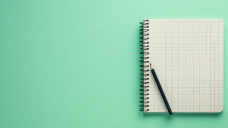 A blank notebook with a pencil resting on a turquoise background, perfect for creative projects, note-taking, and innovative ideas.の素材