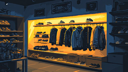 A modern shop interior featuring a stylish display of clothing and footwear. The warm lighting enhances the minimalist design, creating a trendy shopping atmosphere.の素材