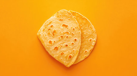 Two freshly cooked tortillas placed on a vibrant yellow background, showcasing their warm texture and inviting color, perfect for culinary themes.の素材