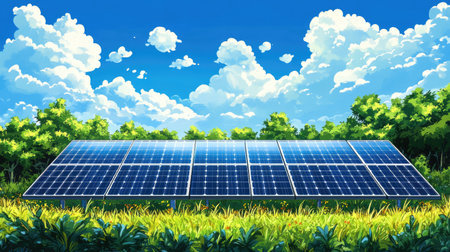 A vibrant scene showcases solar panels positioned among lush greenery under a clear blue sky, symbolizing renewable energy and sustainability.の素材