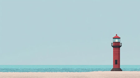 A vibrant red lighthouse rises confidently on a peaceful beach, surrounded by soft sand and gentle waves, capturing a serene coastal atmosphere.の素材