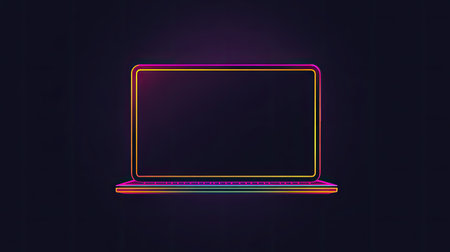 Bright neon outline of a laptop on a dark background creates a modern and stylish aesthetic suitable for digital projects, presentations, and creative designs.の素材
