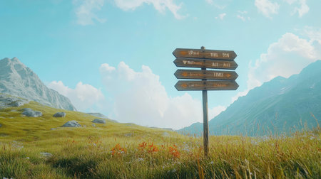 A picturesque mountain scene showcasing a wooden signpost surrounded by a lush green meadow under a bright blue sky filled with fluffy clouds.の素材