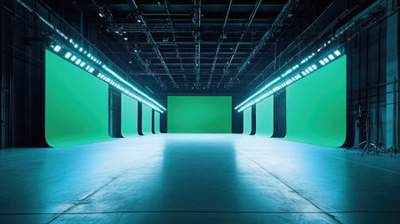 A spacious green screen studio featuring bright lighting and an expansive clear space, ideal for film production, video shoots, and creative projects.の素材