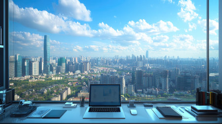 A bright and inviting office space featuring a modern desk and laptop, showcasing a stunning cityscape view under a clear blue sky filled with clouds.の素材
