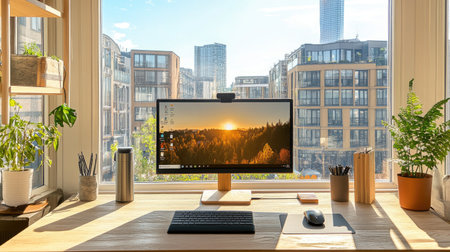 A cozy home office featuring a modern computer setup with a monitor, surrounded by lush plants and an inspiring urban view through large windows.の素材