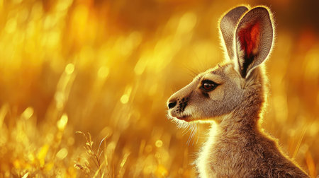 A stunning profile of a young kangaroo bathed in golden sunset light, highlighting its soft features and serene expression in a beautiful natural setting.の素材