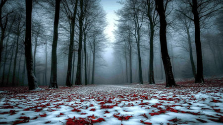 A captivating view of a foggy forest path adorned with red leaves and snow. This tranquil winter scene evokes feelings of solitude and beauty in nature.の素材