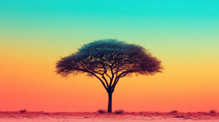 A stunning solitary tree stands against a vibrant sunset sky, showcasing the beauty of nature in a tranquil desert landscape. The colors blend beautifully.の素材