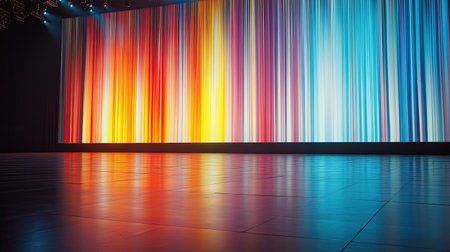 A captivating display of vibrant color stripes on a large screen, creating a dramatic atmosphere. The reflections on the sleek floor enhance the artistic impact.の素材