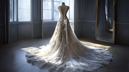 Stunning bridal gown featuring intricate lace details, displayed elegantly in a sunlit room. A perfect combination of romance and artistry for wedding inspiration.の素材