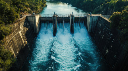 Captivating aerial view of a dam releasing water into a serene river, surrounded by lush greenery and rocky terrain, showcasing the beauty of nature and engineering.の素材