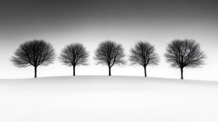 This black and white photograph captures a serene landscape featuring five leafless trees on a snowy hill. The minimalist composition evokes tranquility and beauty in nature.の素材
