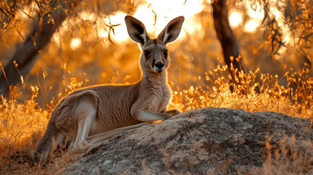 A kangaroo rests comfortably on a rock, surrounded by golden grass and warm sunlight at sunset. This serene scene captures the beauty of Australian wildlife.の素材