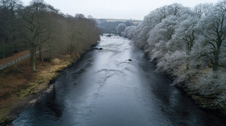 A peaceful winter river scene featuring frosty trees along the banks, calm water flowing gently, and a serene atmosphere perfect for nature lovers.の素材