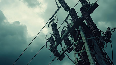 An industrial power line stands tall with intricate insulators against a moody, cloudy sky, creating a dramatic backdrop perfect for energy and infrastructure themes.の素材
