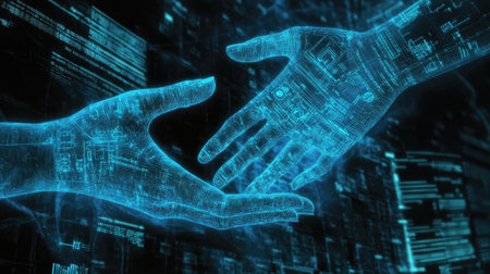 A striking visual representation of a human and digital hand reaching towards each other, symbolizing the connection between humanity and advanced technology in a futuristic landscape.の素材