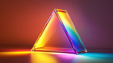 A vibrant abstract pyramid made of glass showcasing colorful light reflections. The artwork features smooth surfaces and intricate designs, adding a modern touch to any space.の素材