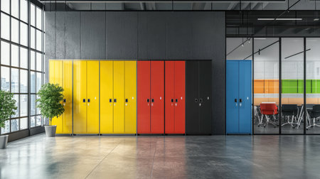 A vibrant office area showcases colorful lockers against a sleek backdrop, creating an inviting and creative workspace filled with natural light. Ideal for modern environments.の素材