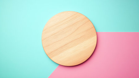 A round wooden board rests on a pastel blue and pink background, offering a clean and minimalist aesthetic perfect for food photography, design projects, or creative displays.の素材