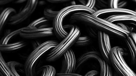 This striking close-up image presents an intricate arrangement of interlinked metal chains in bold monochrome tones, emphasizing texture and detail for artistic use.の素材