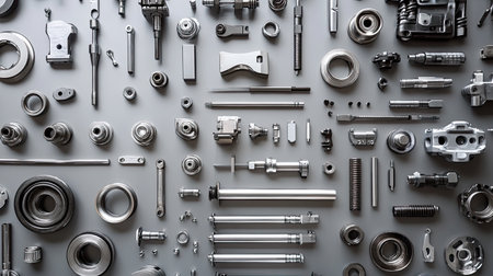 A comprehensive arrangement of assorted metal components and fasteners for machinery design, showcasing precision and industrial craftsmanship.の素材