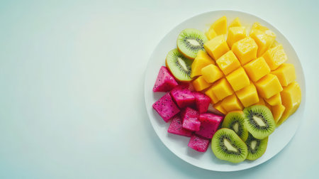Experience a delightful array of fresh tropical fruits arranged beautifully on a white plate, featuring vibrant mango, refreshing kiwi, and exotic dragon fruit. Perfect for a healthy snack!の素材